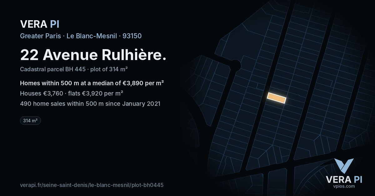 22 Avenue Rulhière, Le Blanc-Mesnil at night – the plot lit, the parcels around coloured by the prices near them