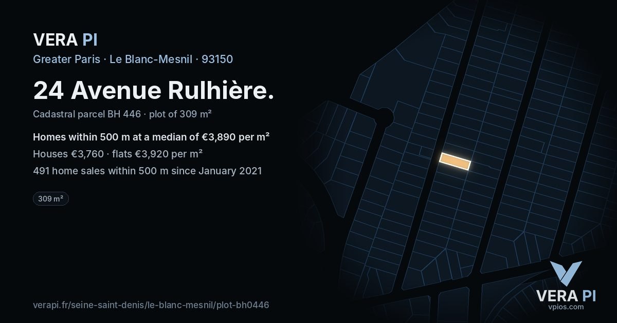 24 Avenue Rulhière, Le Blanc-Mesnil at night – the plot lit, the parcels around coloured by the prices near them