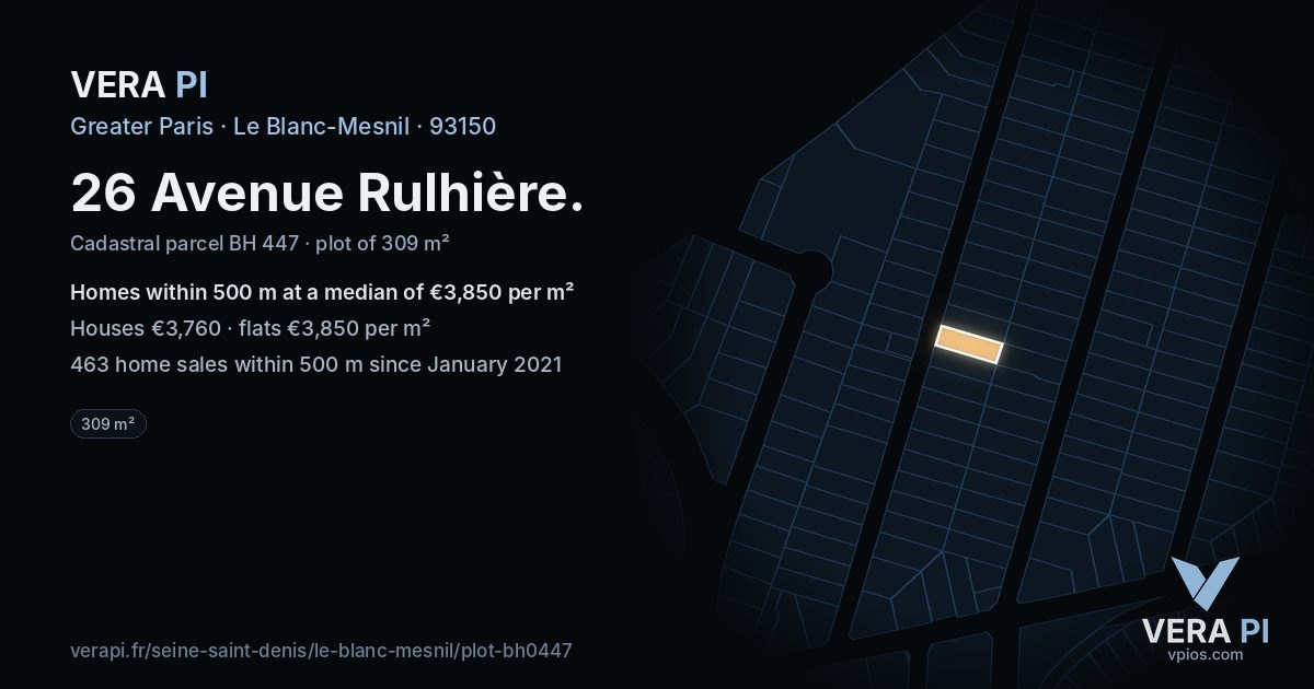 26 Avenue Rulhière, Le Blanc-Mesnil at night – the plot lit, the parcels around coloured by the prices near them