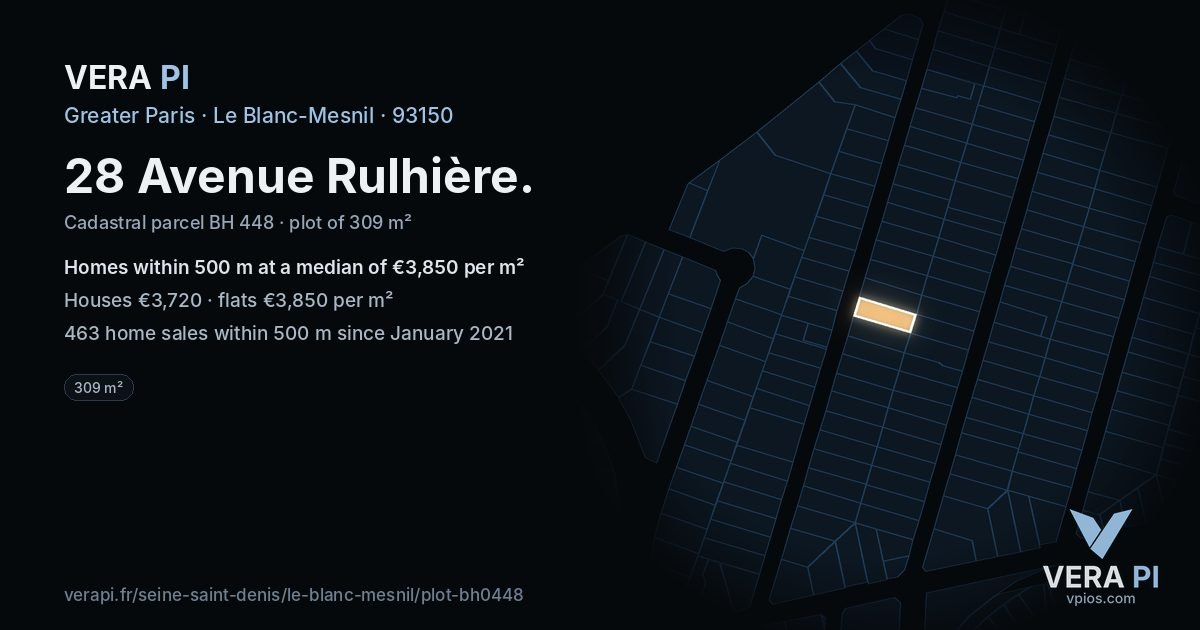 28 Avenue Rulhière, Le Blanc-Mesnil at night – the plot lit, the parcels around coloured by the prices near them