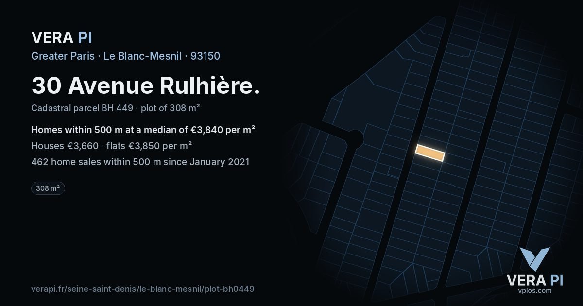 30 Avenue Rulhière, Le Blanc-Mesnil at night – the plot lit, the parcels around coloured by the prices near them