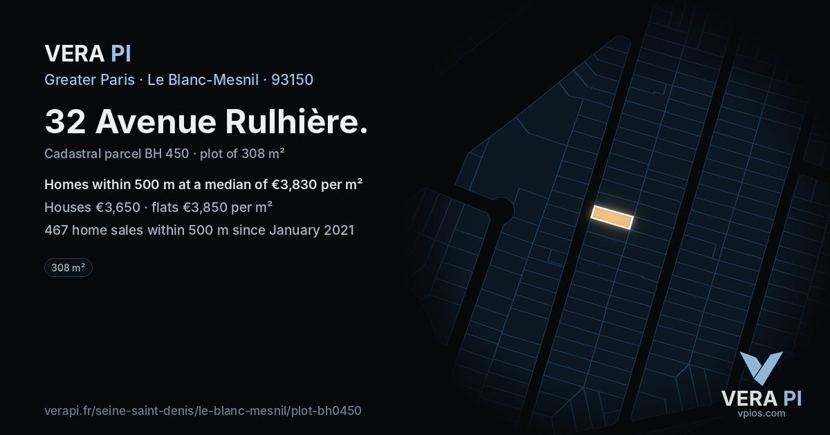 32 Avenue Rulhière, Le Blanc-Mesnil at night – the plot lit, the parcels around coloured by the prices near them