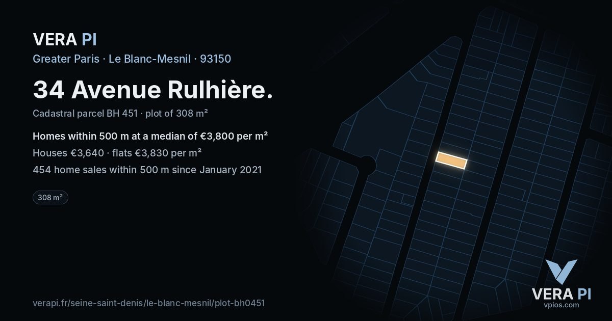 34 Avenue Rulhière, Le Blanc-Mesnil at night – the plot lit, the parcels around coloured by the prices near them