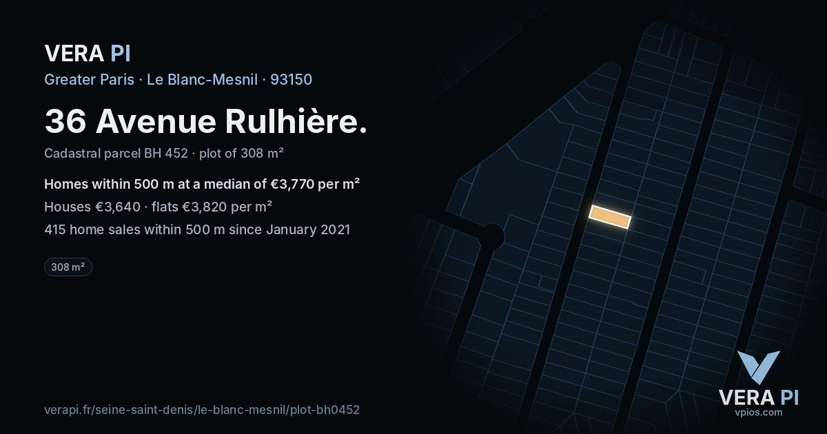 36 Avenue Rulhière, Le Blanc-Mesnil at night – the plot lit, the parcels around coloured by the prices near them