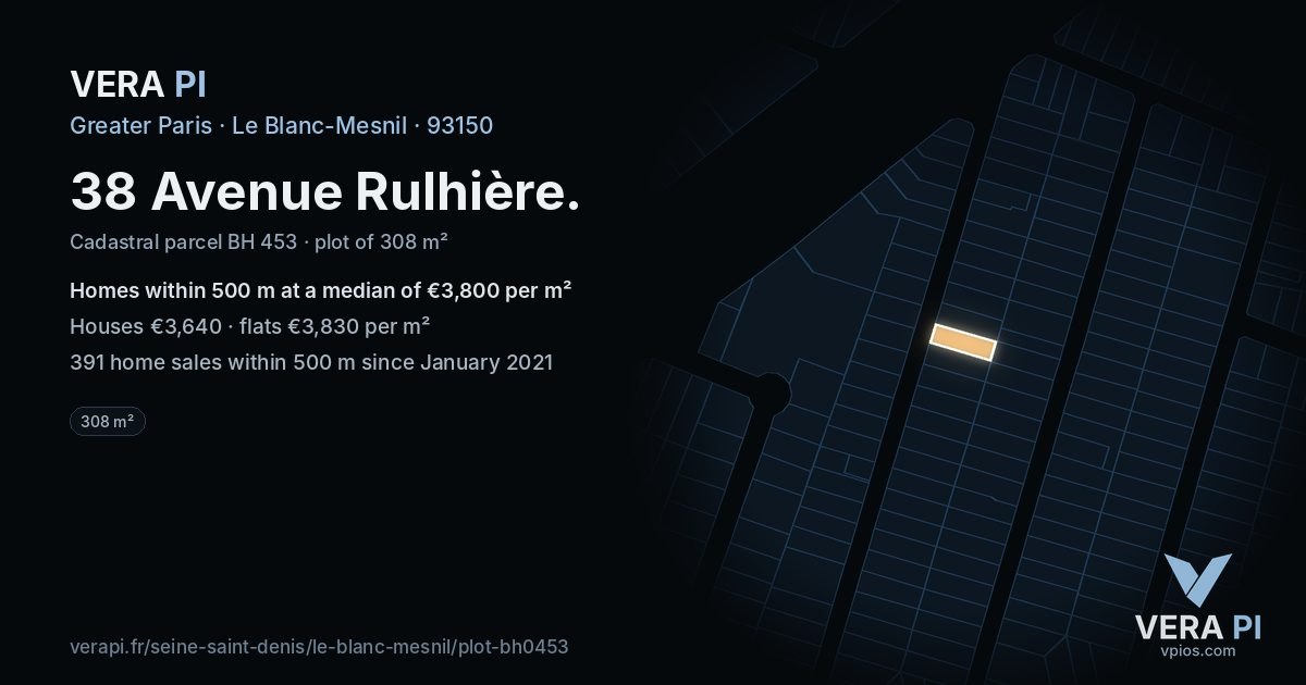 38 Avenue Rulhière, Le Blanc-Mesnil at night – the plot lit, the parcels around coloured by the prices near them