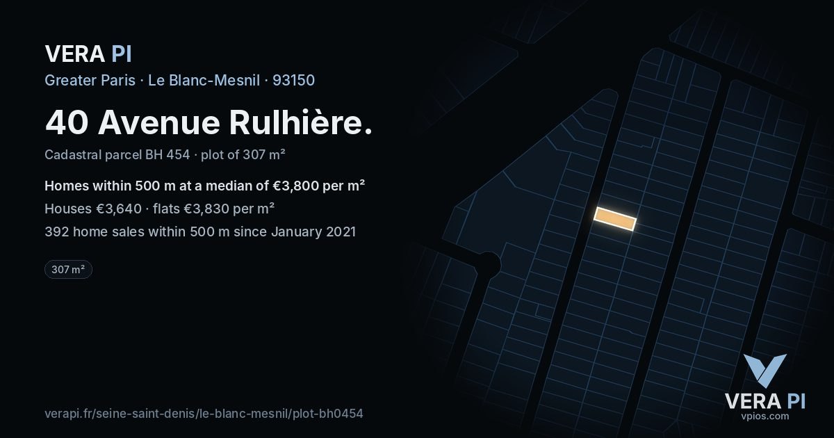 40 Avenue Rulhière, Le Blanc-Mesnil at night – the plot lit, the parcels around coloured by the prices near them