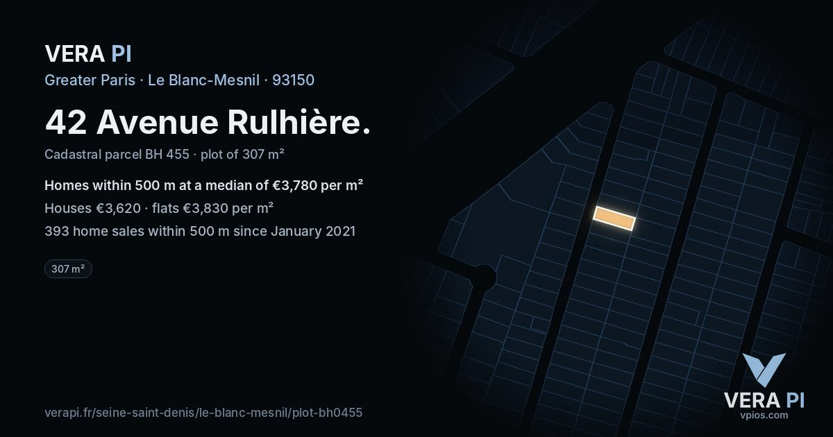 42 Avenue Rulhière, Le Blanc-Mesnil at night – the plot lit, the parcels around coloured by the prices near them