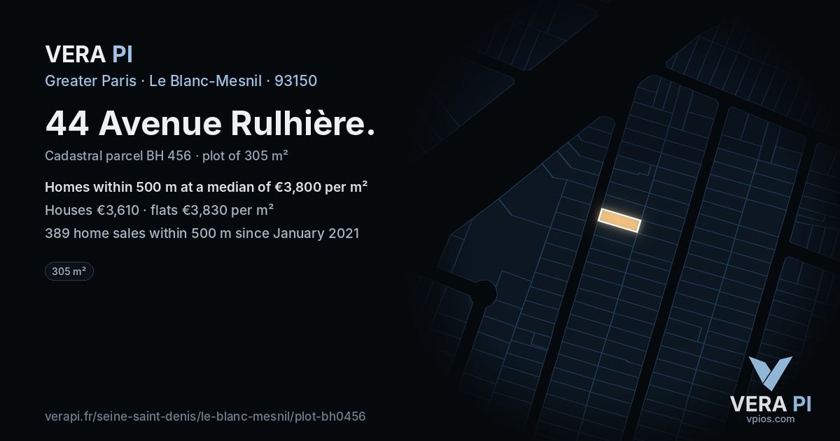 44 Avenue Rulhière, Le Blanc-Mesnil at night – the plot lit, the parcels around coloured by the prices near them
