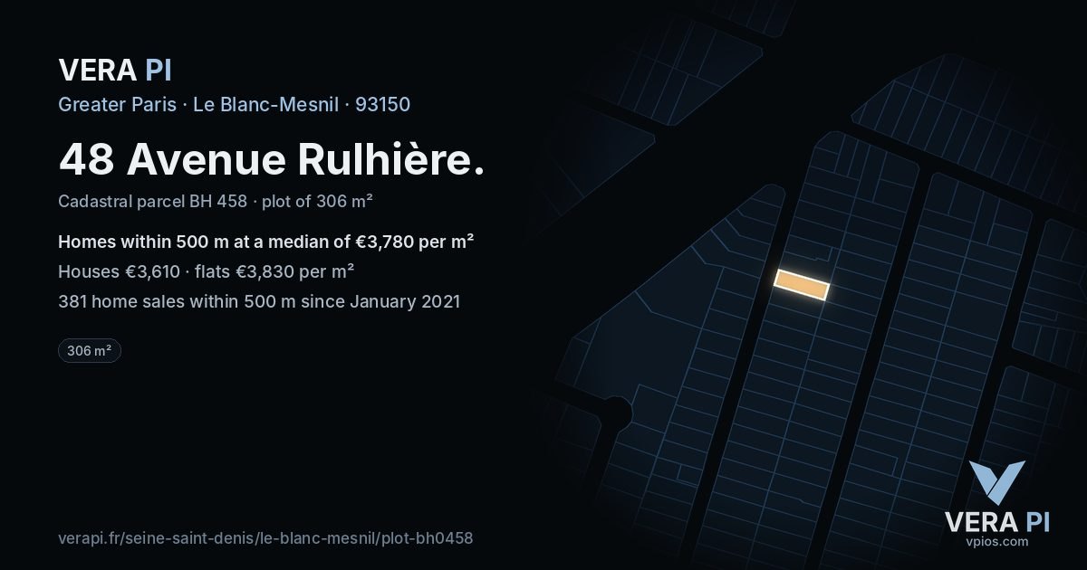 48 Avenue Rulhière, Le Blanc-Mesnil at night – the plot lit, the parcels around coloured by the prices near them