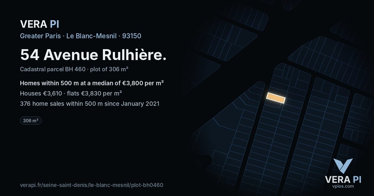54 Avenue Rulhière, Le Blanc-Mesnil at night – the plot lit, the parcels around coloured by the prices near them