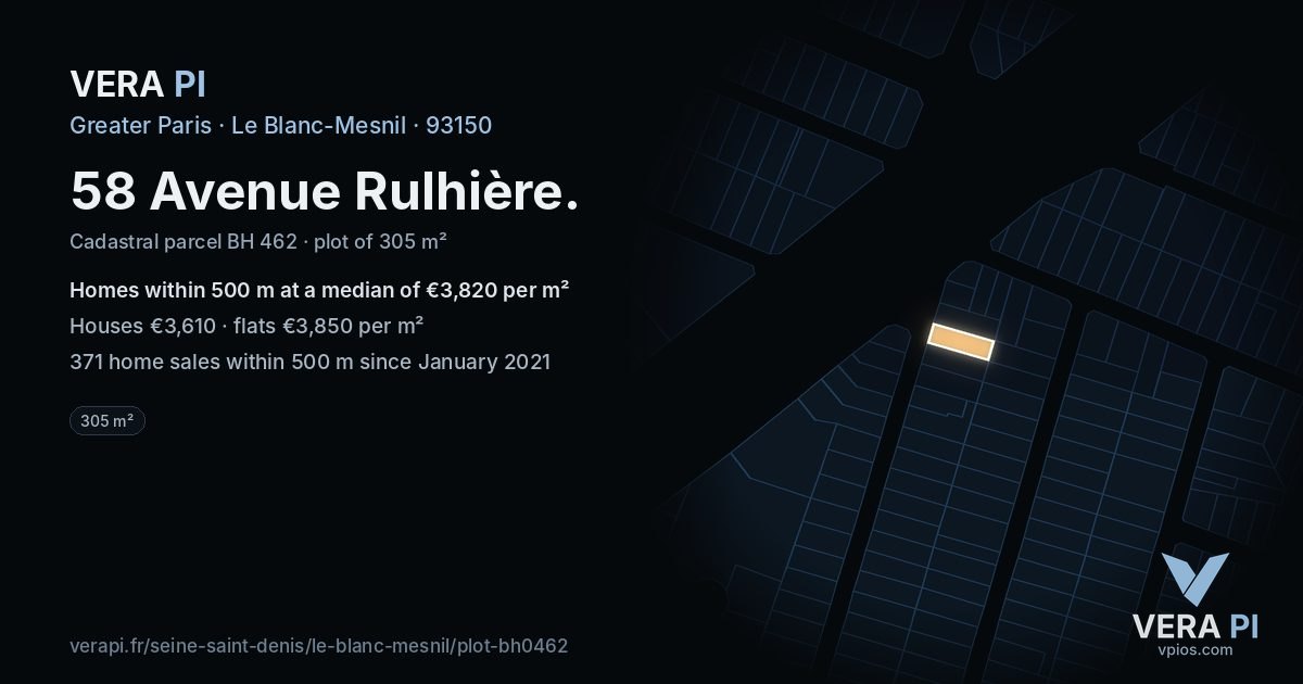 58 Avenue Rulhière, Le Blanc-Mesnil at night – the plot lit, the parcels around coloured by the prices near them