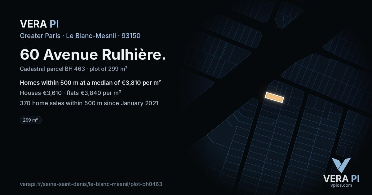 60 Avenue Rulhière, Le Blanc-Mesnil at night – the plot lit, the parcels around coloured by the prices near them