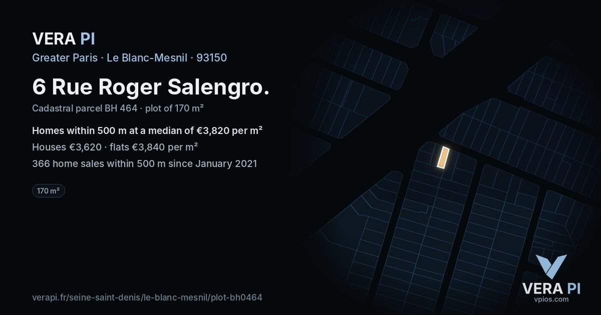 6 Rue Roger Salengro, Le Blanc-Mesnil at night – the plot lit, the parcels around coloured by the prices near them