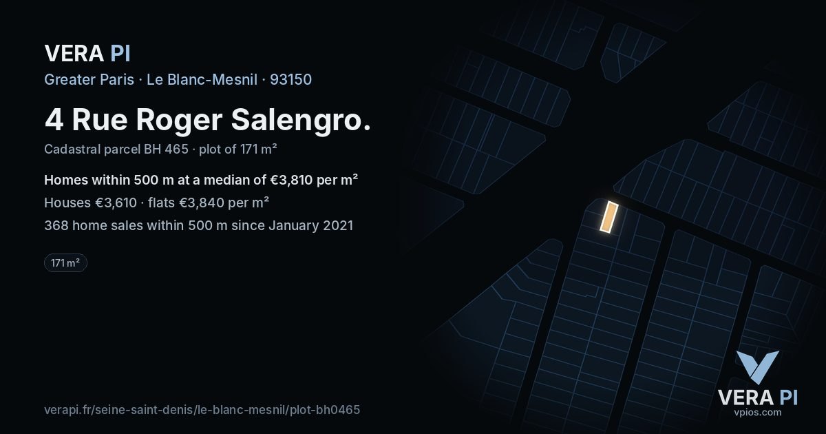 4 Rue Roger Salengro, Le Blanc-Mesnil at night – the plot lit, the parcels around coloured by the prices near them