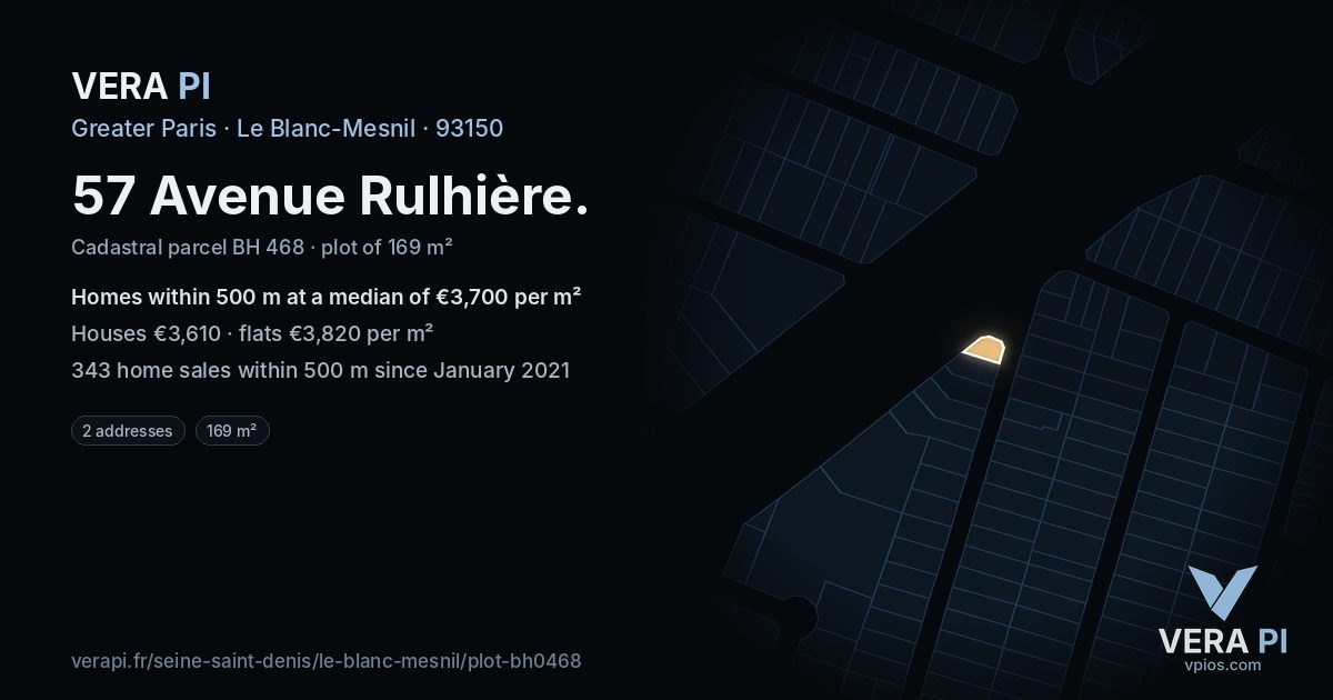 57 Avenue Rulhière, Le Blanc-Mesnil at night – the plot lit, the parcels around coloured by the prices near them