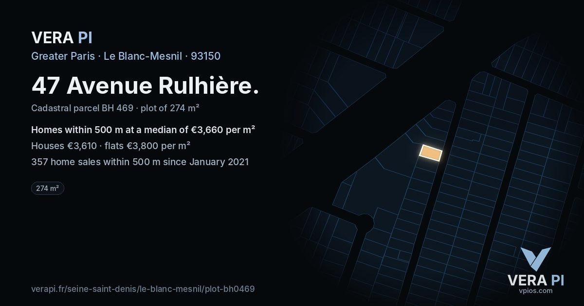 47 Avenue Rulhière, Le Blanc-Mesnil at night – the plot lit, the parcels around coloured by the prices near them