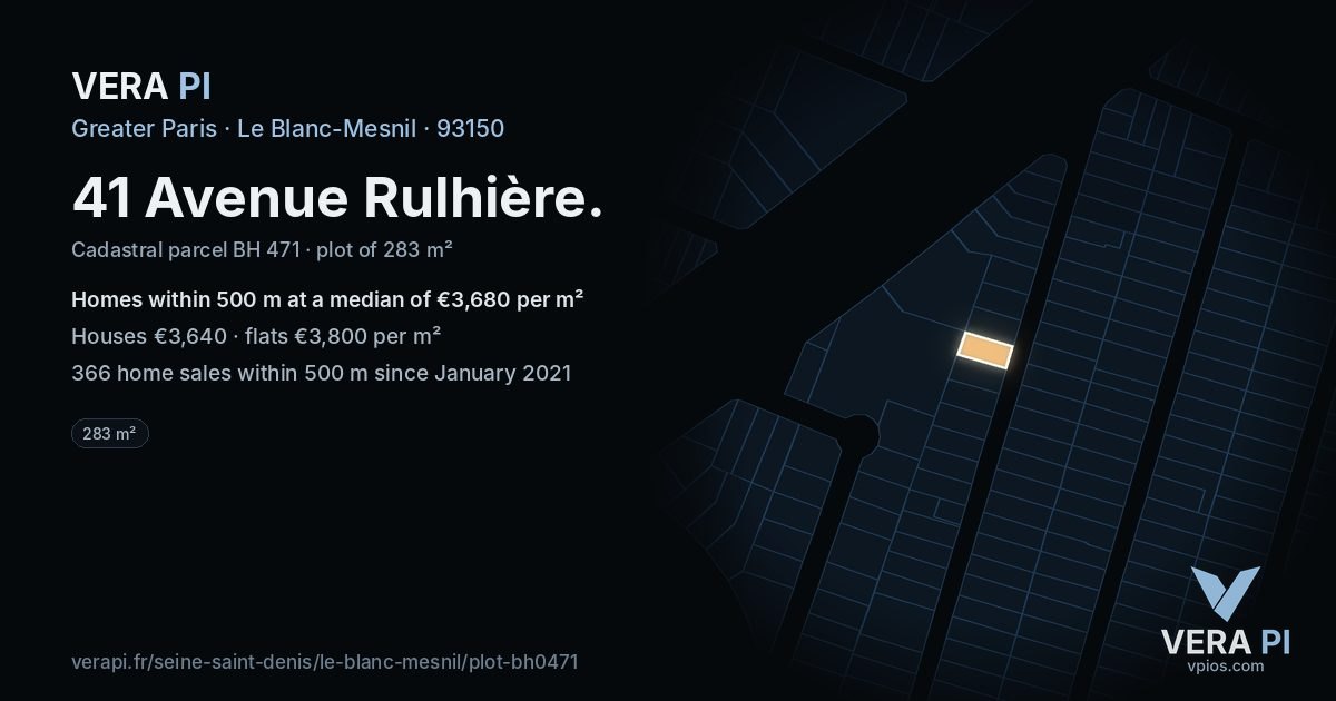 41 Avenue Rulhière, Le Blanc-Mesnil at night – the plot lit, the parcels around coloured by the prices near them