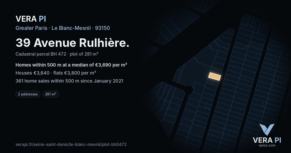 39 Avenue Rulhière, Le Blanc-Mesnil at night – the plot lit, the parcels around coloured by the prices near them