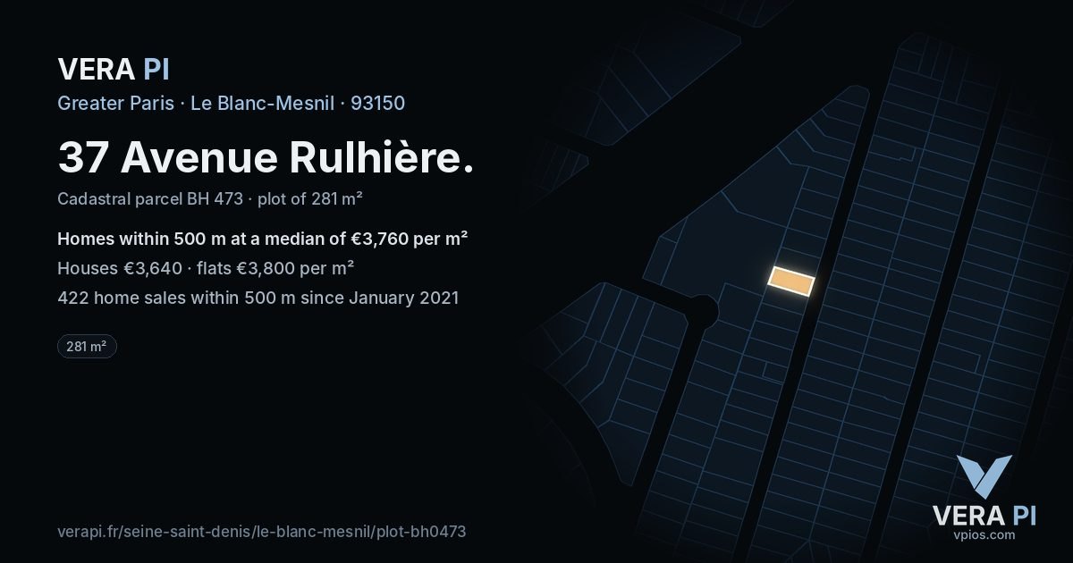 37 Avenue Rulhière, Le Blanc-Mesnil at night – the plot lit, the parcels around coloured by the prices near them