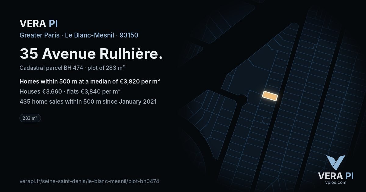 35 Avenue Rulhière, Le Blanc-Mesnil at night – the plot lit, the parcels around coloured by the prices near them