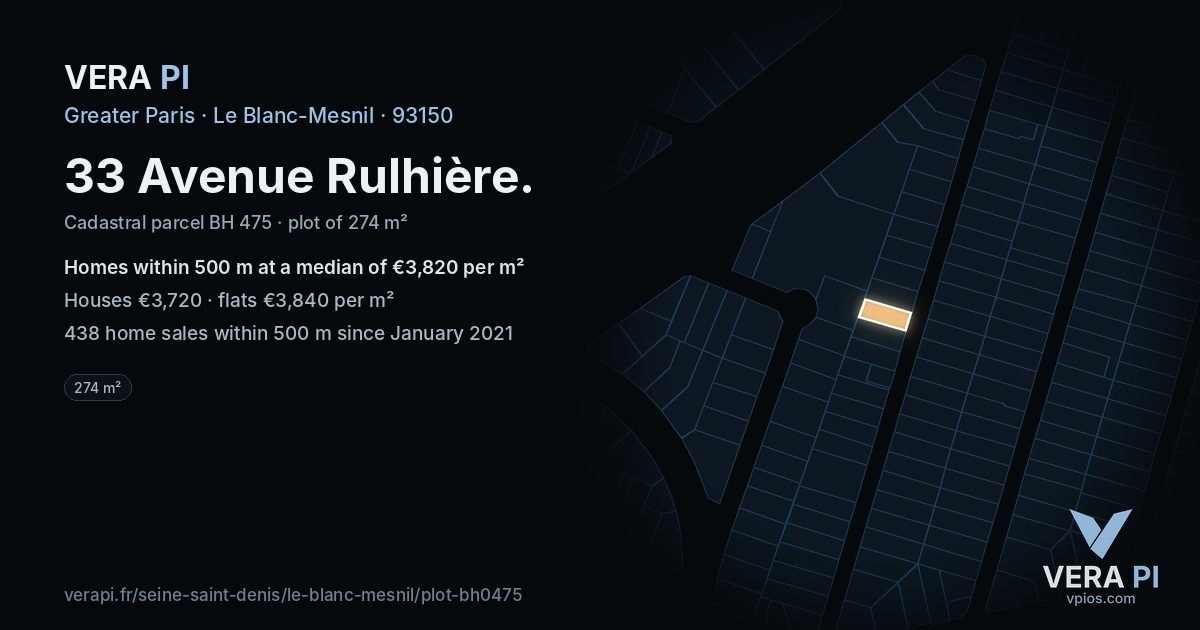 33 Avenue Rulhière, Le Blanc-Mesnil at night – the plot lit, the parcels around coloured by the prices near them