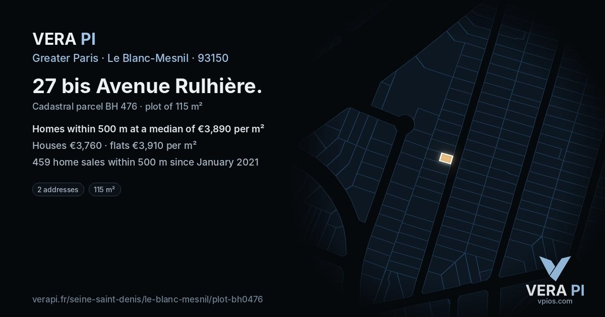 27 bis Avenue Rulhière, Le Blanc-Mesnil at night – the plot lit, the parcels around coloured by the prices near them