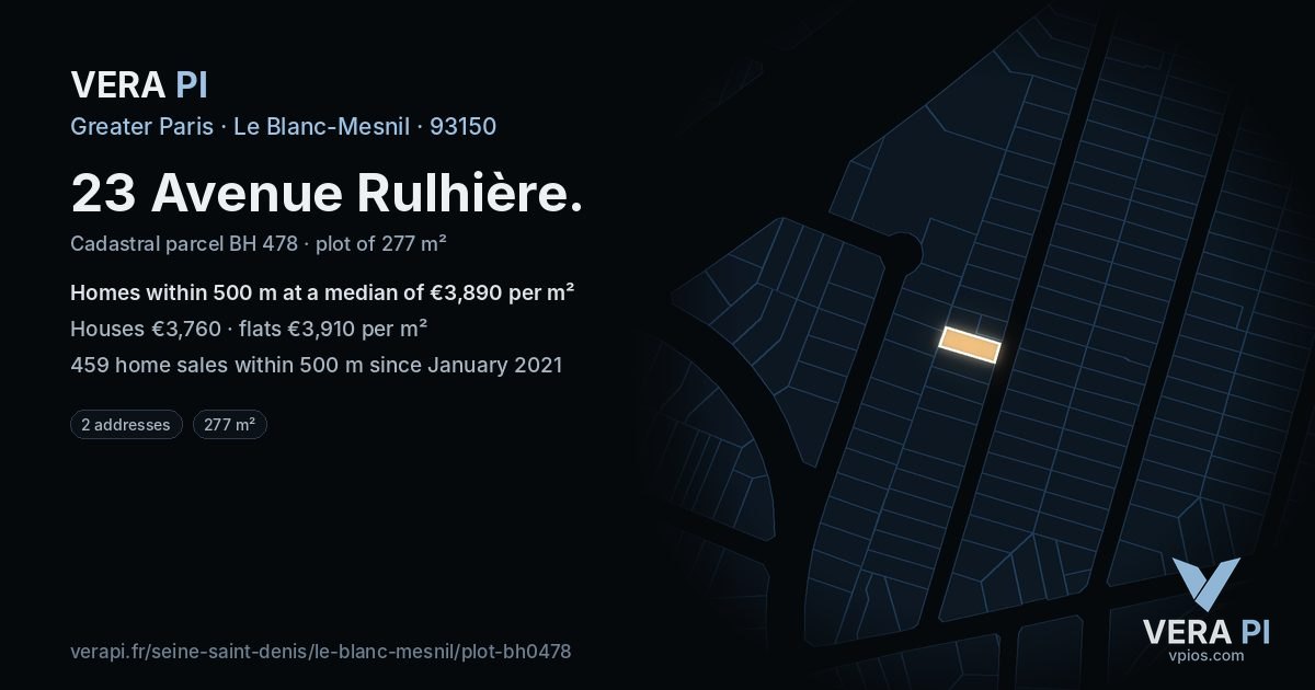 23 Avenue Rulhière, Le Blanc-Mesnil at night – the plot lit, the parcels around coloured by the prices near them