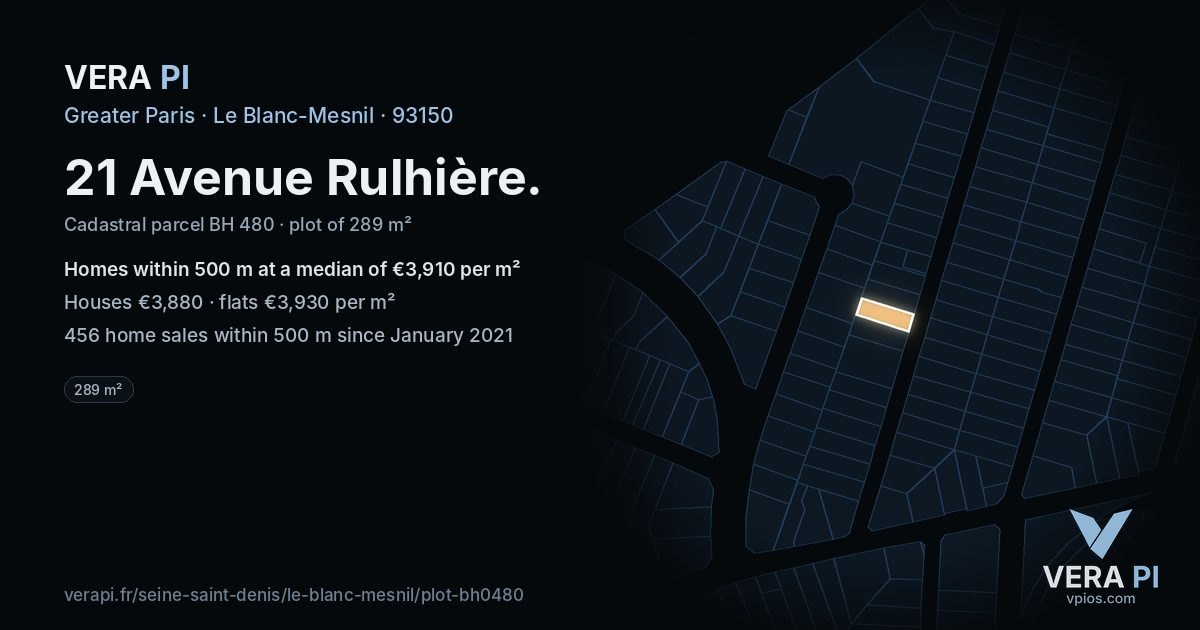 21 Avenue Rulhière, Le Blanc-Mesnil at night – the plot lit, the parcels around coloured by the prices near them
