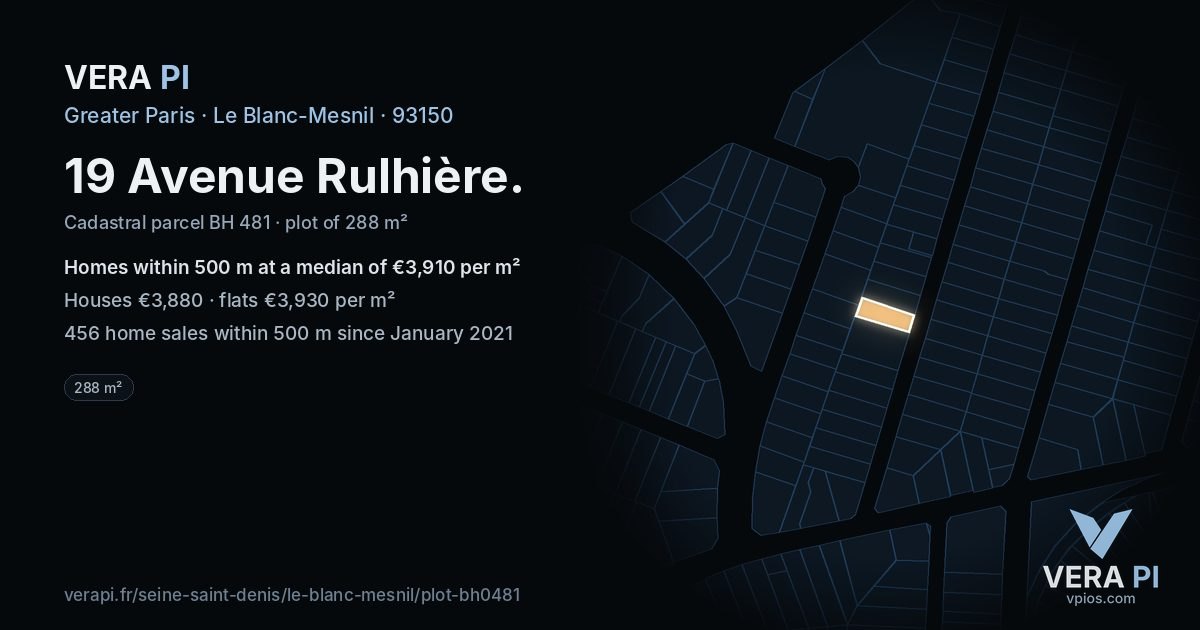 19 Avenue Rulhière, Le Blanc-Mesnil at night – the plot lit, the parcels around coloured by the prices near them