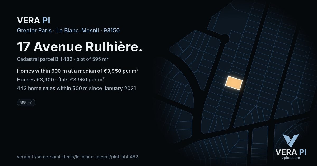 17 Avenue Rulhière, Le Blanc-Mesnil at night – the plot lit, the parcels around coloured by the prices near them