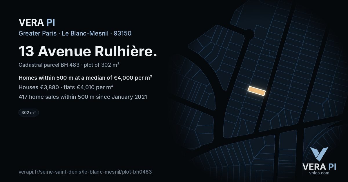 13 Avenue Rulhière, Le Blanc-Mesnil at night – the plot lit, the parcels around coloured by the prices near them