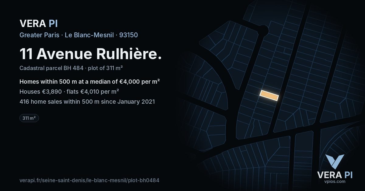 11 Avenue Rulhière, Le Blanc-Mesnil at night – the plot lit, the parcels around coloured by the prices near them