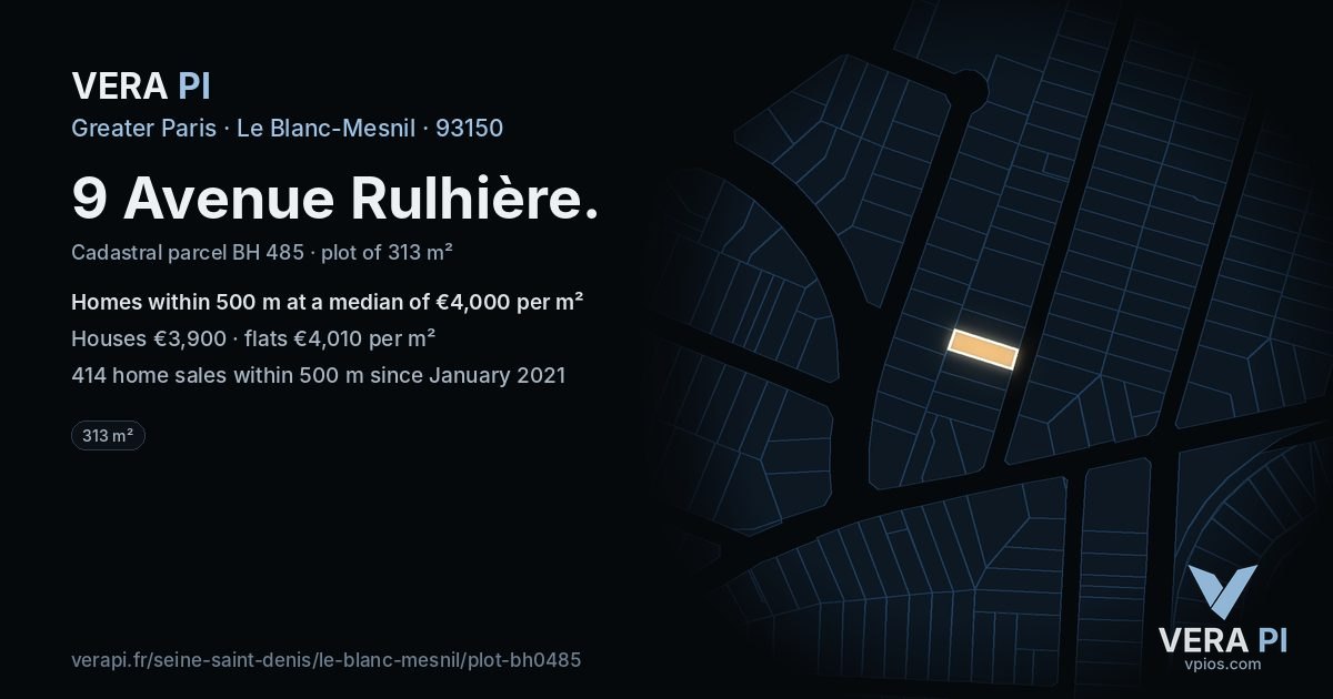 9 Avenue Rulhière, Le Blanc-Mesnil at night – the plot lit, the parcels around coloured by the prices near them