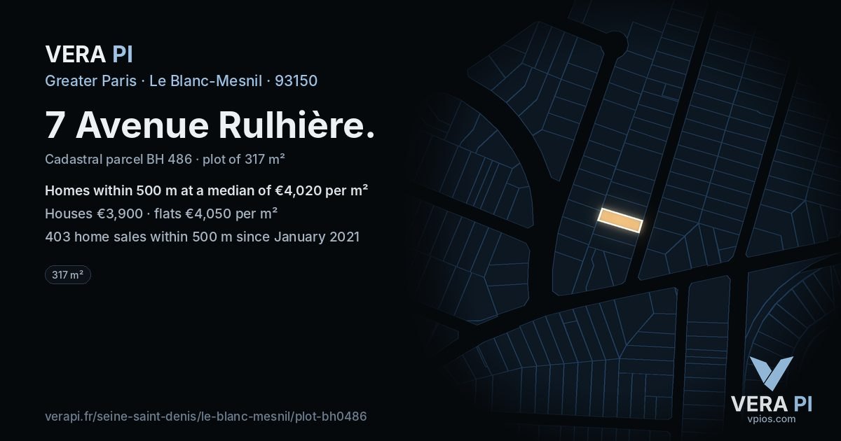 7 Avenue Rulhière, Le Blanc-Mesnil at night – the plot lit, the parcels around coloured by the prices near them