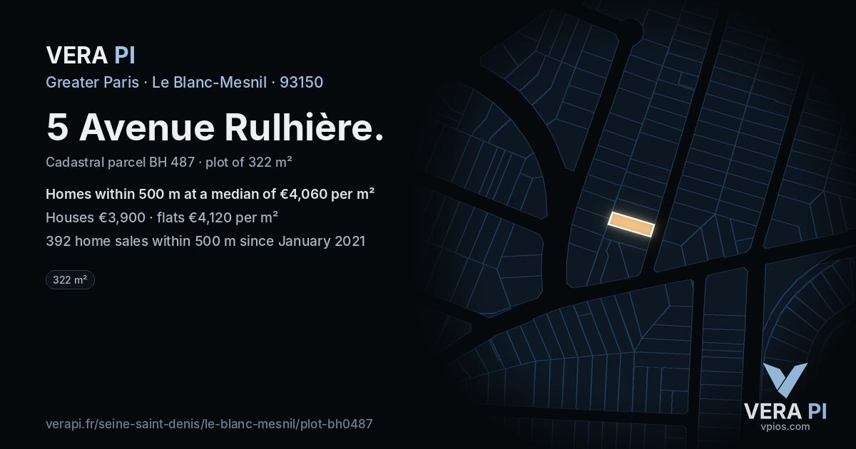 5 Avenue Rulhière, Le Blanc-Mesnil at night – the plot lit, the parcels around coloured by the prices near them