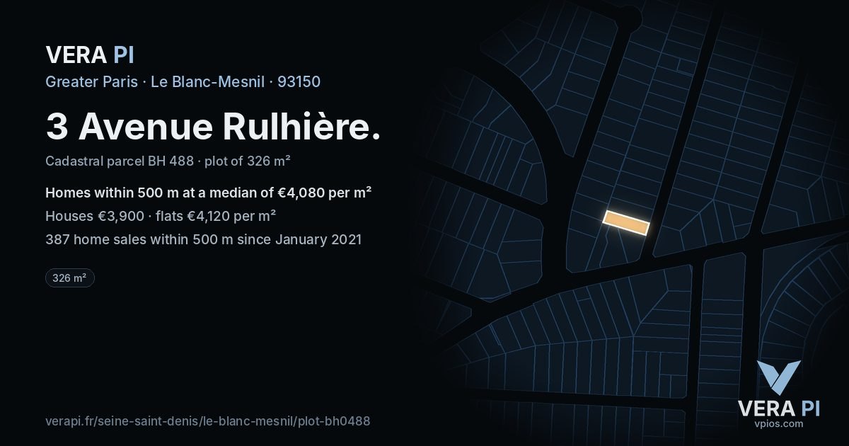 3 Avenue Rulhière, Le Blanc-Mesnil at night – the plot lit, the parcels around coloured by the prices near them