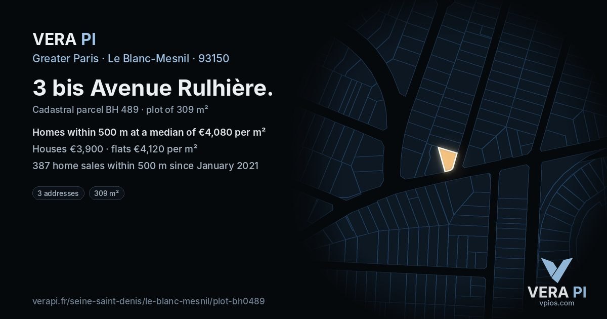 3 bis Avenue Rulhière, Le Blanc-Mesnil at night – the plot lit, the parcels around coloured by the prices near them