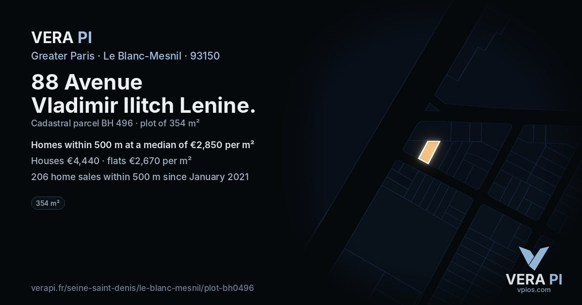 88 Avenue Vladimir Ilitch Lenine, Le Blanc-Mesnil at night – the plot lit, the parcels around coloured by the prices near them
