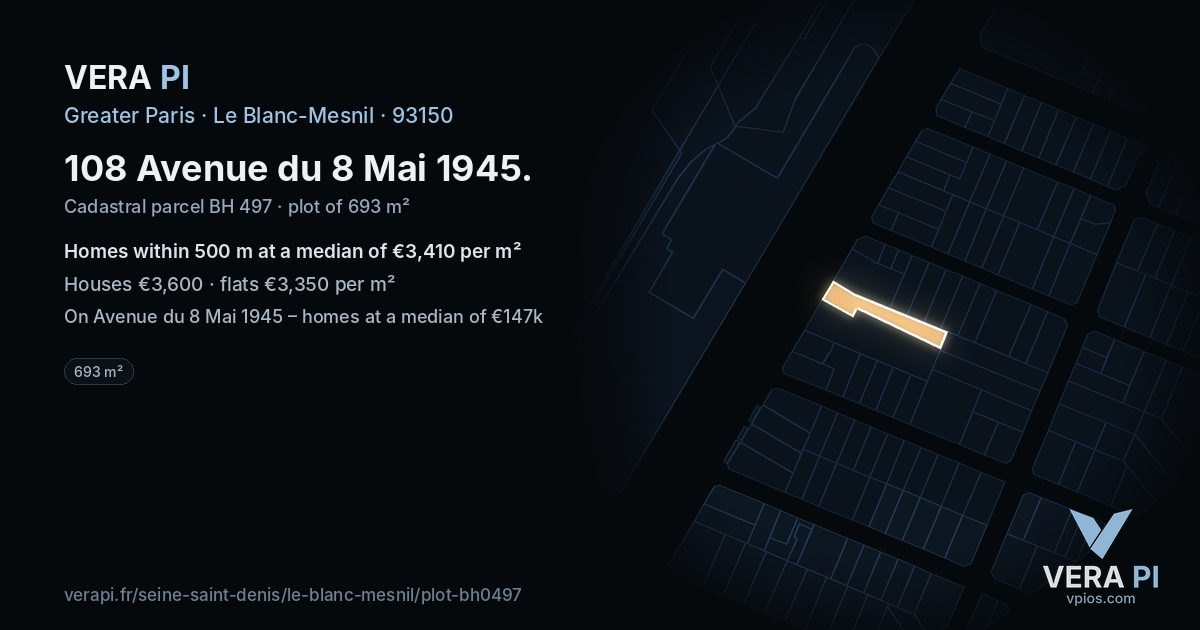 108 Avenue du 8 Mai 1945, Le Blanc-Mesnil at night – the plot lit, the parcels around coloured by the prices near them