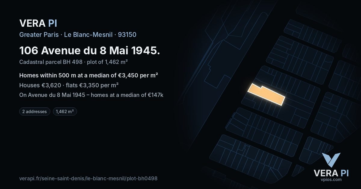 106 Avenue du 8 Mai 1945, Le Blanc-Mesnil at night – the plot lit, the parcels around coloured by the prices near them