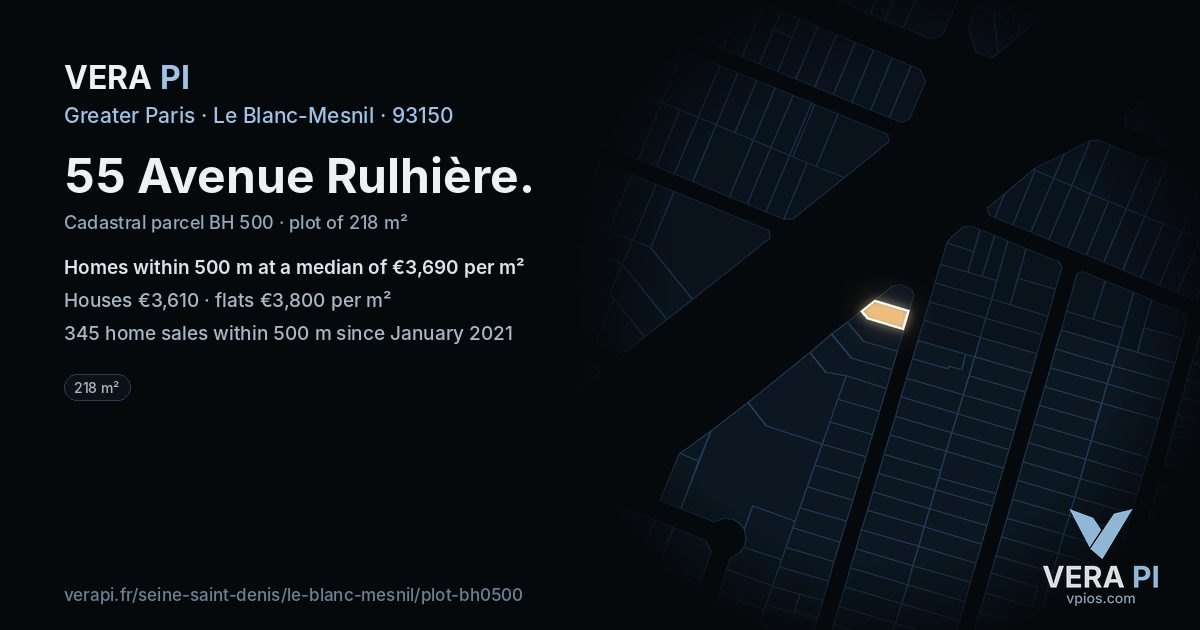 55 Avenue Rulhière, Le Blanc-Mesnil at night – the plot lit, the parcels around coloured by the prices near them