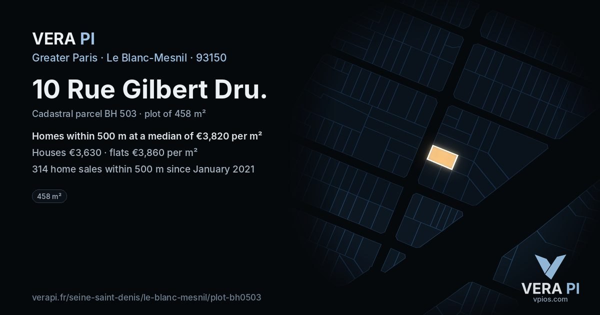 10 Rue Gilbert Dru, Le Blanc-Mesnil at night – the plot lit, the parcels around coloured by the prices near them
