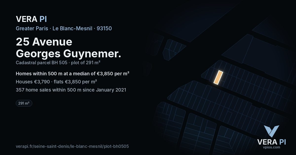 25 Avenue Georges Guynemer, Le Blanc-Mesnil at night – the plot lit, the parcels around coloured by the prices near them