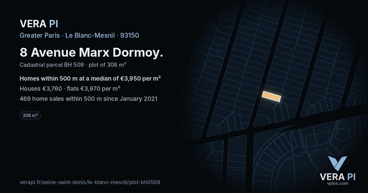 8 Avenue Marx Dormoy, Le Blanc-Mesnil at night – the plot lit, the parcels around coloured by the prices near them