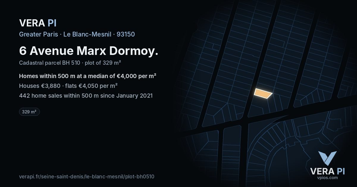 6 Avenue Marx Dormoy, Le Blanc-Mesnil at night – the plot lit, the parcels around coloured by the prices near them