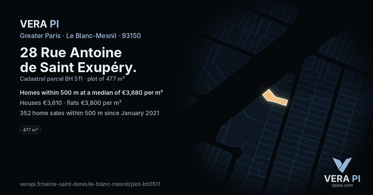 28 Rue Antoine de Saint Exupéry, Le Blanc-Mesnil at night – the plot lit, the parcels around coloured by the prices near them