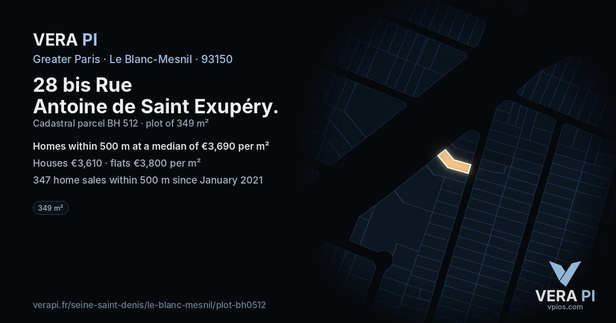 28 bis Rue Antoine de Saint Exupéry, Le Blanc-Mesnil at night – the plot lit, the parcels around coloured by the prices near them