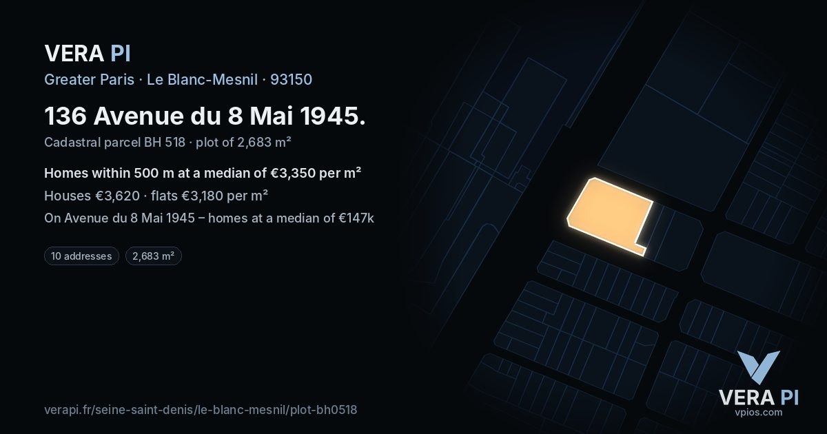 136 Avenue du 8 Mai 1945, Le Blanc-Mesnil at night – the plot lit, the parcels around coloured by the prices near them