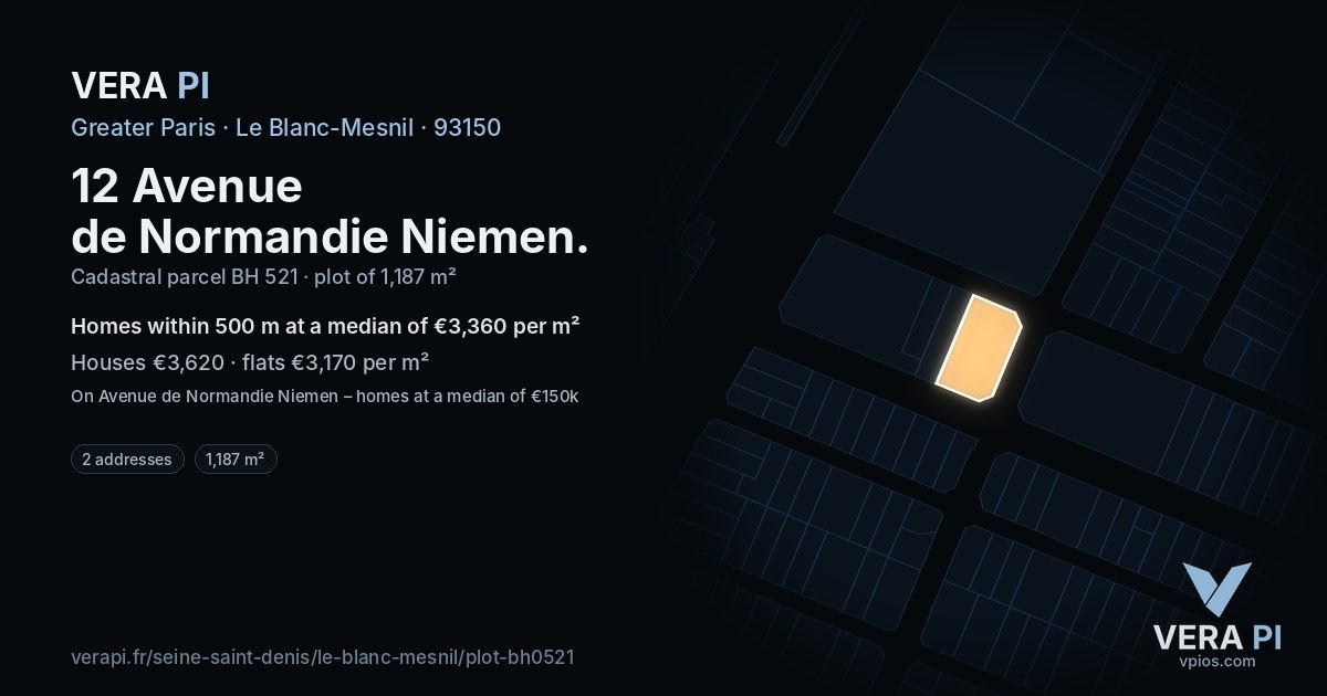 12 Avenue de Normandie Niemen, Le Blanc-Mesnil at night – the plot lit, the parcels around coloured by the prices near them