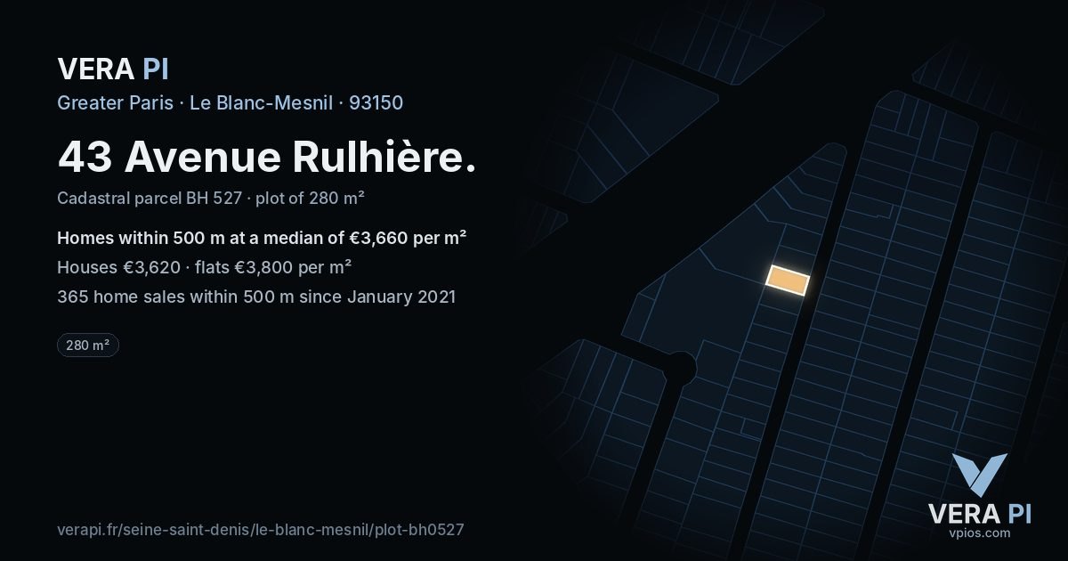 43 Avenue Rulhière, Le Blanc-Mesnil at night – the plot lit, the parcels around coloured by the prices near them